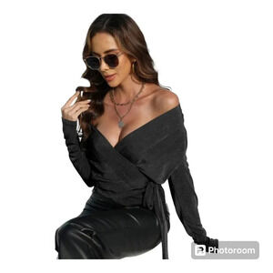 Jollycode Women's Wrap V Neck Long Sleeve Tie Knot Dressy Sexy Size M Black